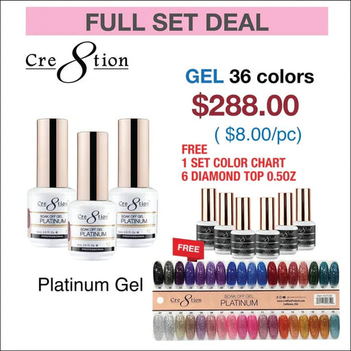 CRE8TION PLATINUM GEL 0.5OZ - FULL SET 36 COLORS W/ 6 TOP DIAMOND 0.5OZ & 1 COLOR CHART - OceanNailSupply